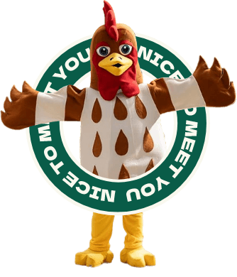 Costume da gallina con cerchio verde e scritta 'Nice to meet you'.